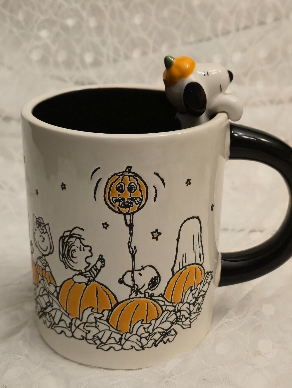 Peanuts Halloween Pumpkin Mug with Snoopy Charm - White, Black, Orange